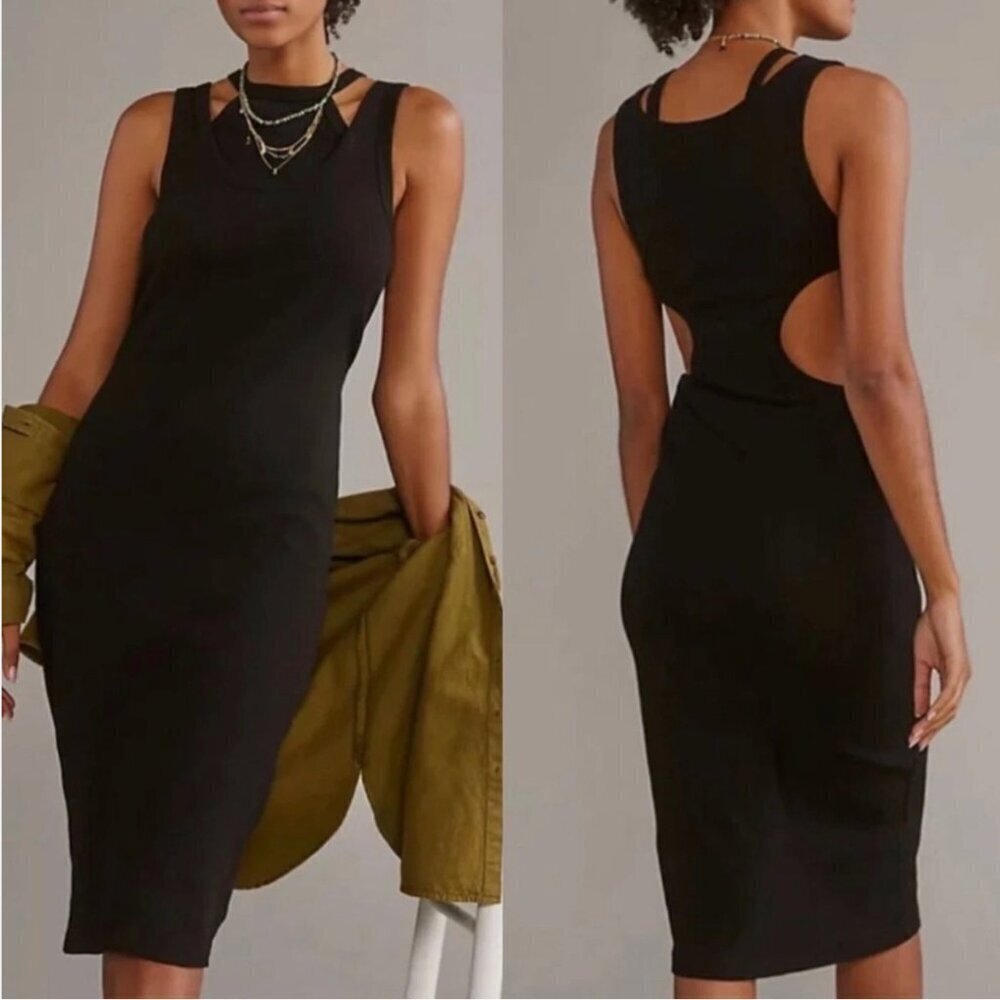 New Anthropologie T.LA Black Sleeveless Ribbed Coastal Cotton Midi Dress Size XS